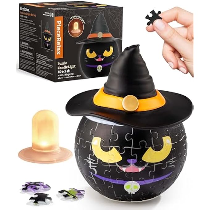 3D HALLOWEEN PUZZLE CANDLE LIGHT - LED JACK O LANTERN DECOR WITH FLAMELESS TEA LIGHTS - BATTERY OPERATED PLASTIC PUMPKINS FOR INDOOR & OUTDOOR SPOOKY DECORATIONS, MAGIC CAT [KL1075] - Image 1